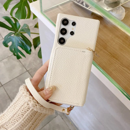 For Samsung Galaxy S23 Ultra Case Zipper Card Slots PU Leather Phone Back Cover with Wrist Strap