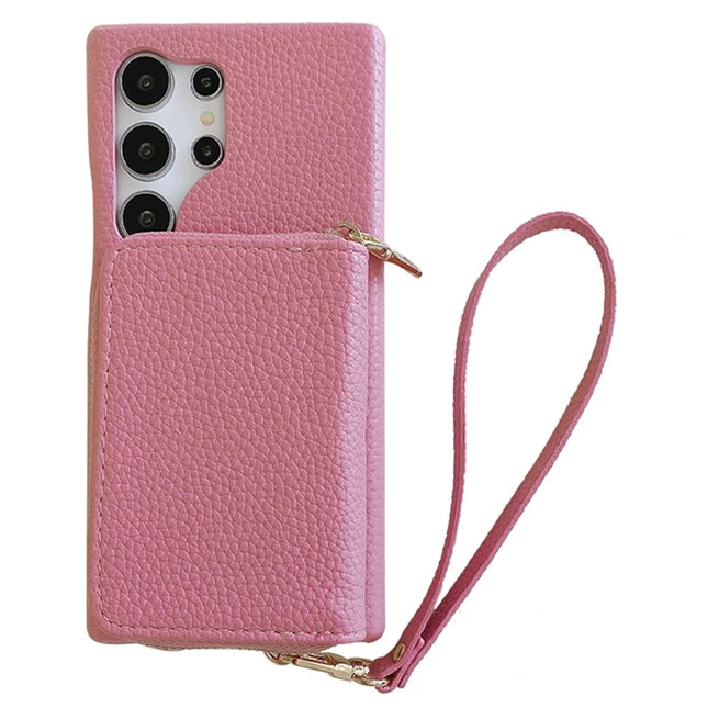 For Samsung Galaxy S23 Ultra Case Zipper Card Slots PU Leather Phone Back Cover with Wrist Strap - Pink