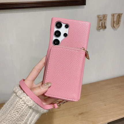 For Samsung Galaxy S23 Ultra Case Zipper Card Slots PU Leather Phone Back Cover with Wrist Strap