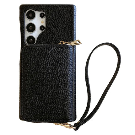 For Samsung Galaxy S23 Ultra Case Zipper Card Slots PU Leather Phone Back Cover with Wrist Strap - Black