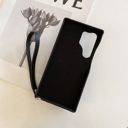For Samsung Galaxy S23 Ultra Case Zipper Card Slots PU Leather Phone Back Cover with Wrist Strap