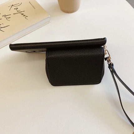 For Samsung Galaxy S23 Ultra Case Zipper Card Slots PU Leather Phone Back Cover with Wrist Strap