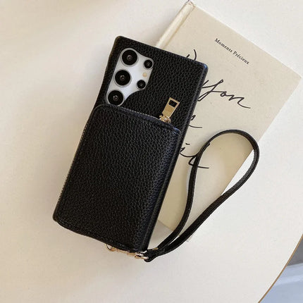 For Samsung Galaxy S23 Ultra Case Zipper Card Slots PU Leather Phone Back Cover with Wrist Strap