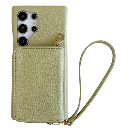 For Samsung Galaxy S23 Ultra Case Zipper Card Slots PU Leather Phone Back Cover with Wrist Strap - Green