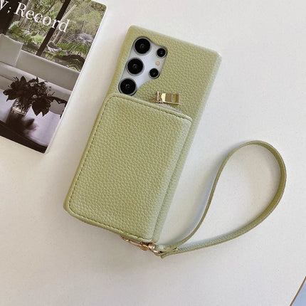 For Samsung Galaxy S23 Ultra Case Zipper Card Slots PU Leather Phone Back Cover with Wrist Strap