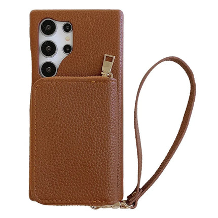 For Samsung Galaxy S23 Ultra Case Zipper Card Slots PU Leather Phone Back Cover with Wrist Strap - Dark Brown