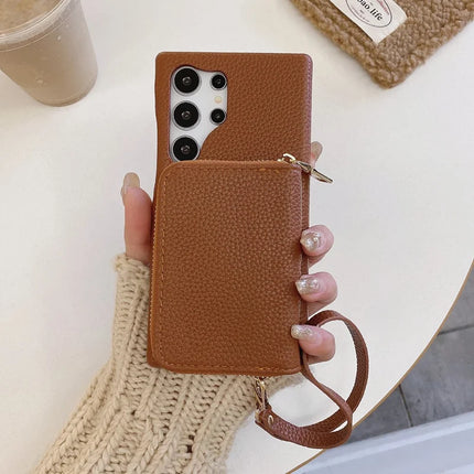For Samsung Galaxy S23 Ultra Case Zipper Card Slots PU Leather Phone Back Cover with Wrist Strap