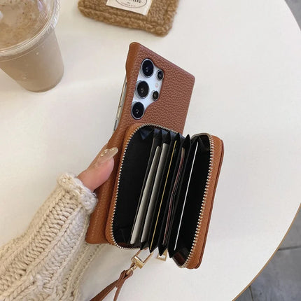 For Samsung Galaxy S23 Ultra Case Zipper Card Slots PU Leather Phone Back Cover with Wrist Strap