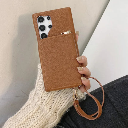 For Samsung Galaxy S23 Ultra Case Zipper Card Slots PU Leather Phone Back Cover with Wrist Strap