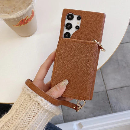 For Samsung Galaxy S23 Ultra Case Zipper Card Slots PU Leather Phone Back Cover with Wrist Strap