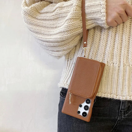 For Samsung Galaxy S23 Ultra Case Zipper Card Slots PU Leather Phone Back Cover with Wrist Strap
