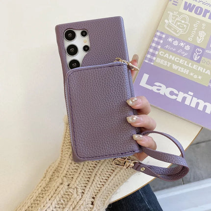For Samsung Galaxy S23 Ultra Case Zipper Card Slots PU Leather Phone Back Cover with Wrist Strap