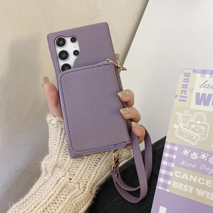 For Samsung Galaxy S23 Ultra Case Zipper Card Slots PU Leather Phone Back Cover with Wrist Strap