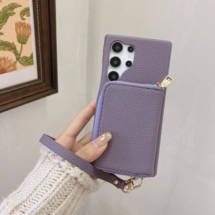For Samsung Galaxy S23 Ultra Case Zipper Card Slots PU Leather Phone Back Cover with Wrist Strap