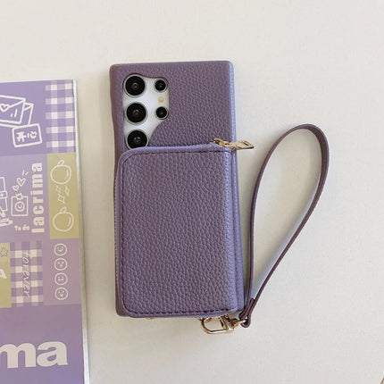 For Samsung Galaxy S23 Ultra Case Zipper Card Slots PU Leather Phone Back Cover with Wrist Strap