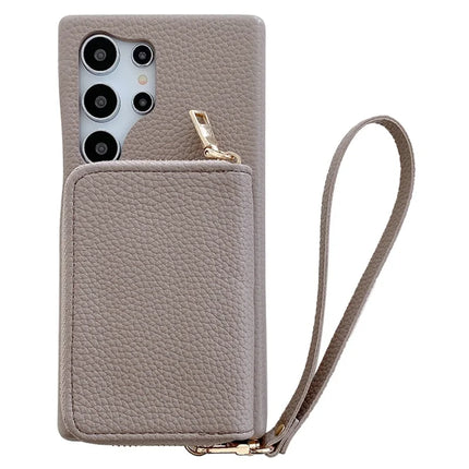For Samsung Galaxy S23 Ultra Case Zipper Card Slots PU Leather Phone Back Cover with Wrist Strap - Grey