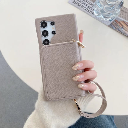 For Samsung Galaxy S23 Ultra Case Zipper Card Slots PU Leather Phone Back Cover with Wrist Strap