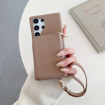 For Samsung Galaxy S23 Ultra Case Zipper Card Slots PU Leather Phone Back Cover with Wrist Strap