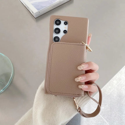 For Samsung Galaxy S23 Ultra Case Zipper Card Slots PU Leather Phone Back Cover with Wrist Strap