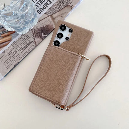 For Samsung Galaxy S23 Ultra Case Zipper Card Slots PU Leather Phone Back Cover with Wrist Strap