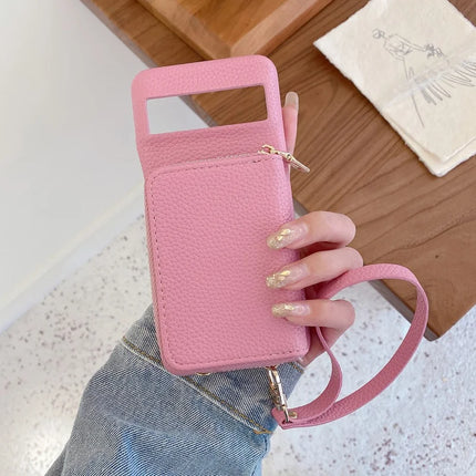 For Google Pixel 8 Pro Case Zipper Card Slots PU Leather Phone Back Cover with Wrist Strap