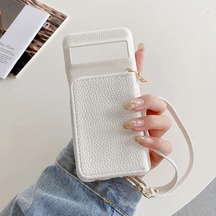 For Google Pixel 8 Pro Case Zipper Card Slots PU Leather Phone Back Cover with Wrist Strap