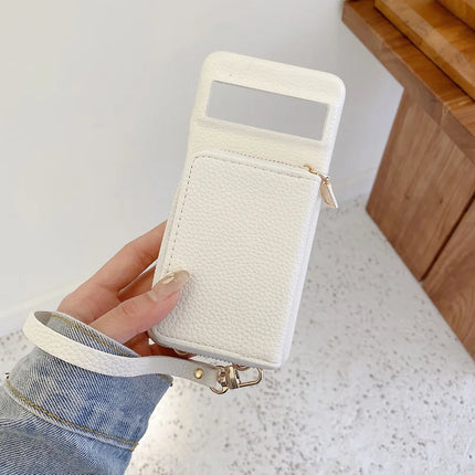 For Google Pixel 8 Pro Case Zipper Card Slots PU Leather Phone Back Cover with Wrist Strap