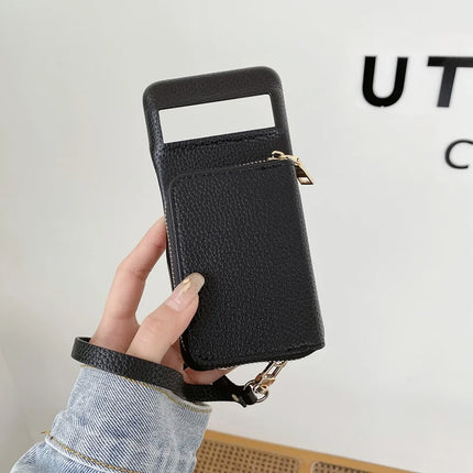 For Google Pixel 8 Pro Case Zipper Card Slots PU Leather Phone Back Cover with Wrist Strap