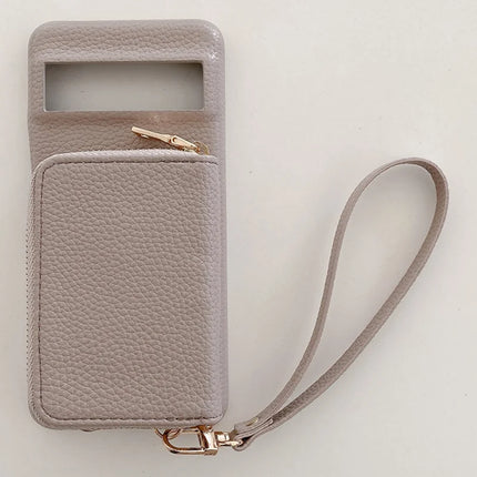 For Google Pixel 8 Pro Case Zipper Card Slots PU Leather Phone Back Cover with Wrist Strap