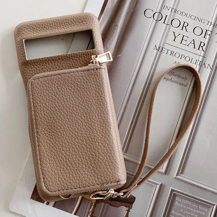 For Google Pixel 8 Pro Case Zipper Card Slots PU Leather Phone Back Cover with Wrist Strap