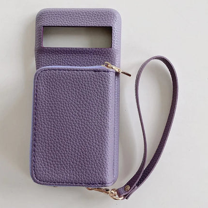 For Google Pixel 8 Pro Case Zipper Card Slots PU Leather Phone Back Cover with Wrist Strap