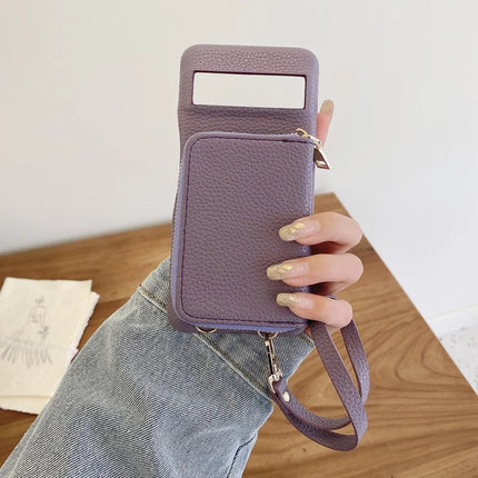 For Google Pixel 8 Pro Case Zipper Card Slots PU Leather Phone Back Cover with Wrist Strap