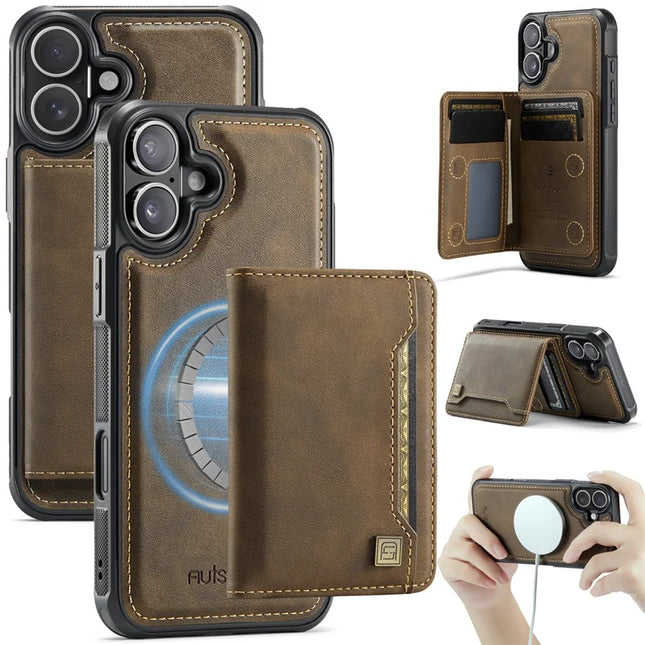 For iPhone 16 Plus Case AUTSPACE A13 Vintage Leather Back Cover with Magnetic Detachable Card Bag - Coffee