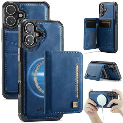 For iPhone 16 Plus Case AUTSPACE A13 Vintage Leather Back Cover with Magnetic Detachable Card Bag - Blue