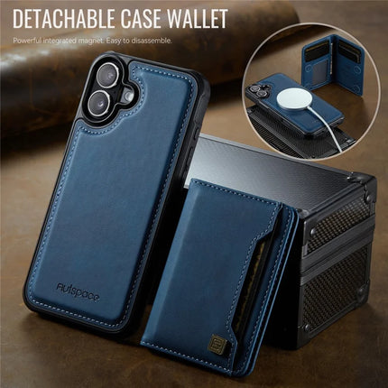 For iPhone 16 Plus Case AUTSPACE A13 Vintage Leather Back Cover with Magnetic Detachable Card Bag
