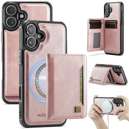 For iPhone 16 Plus Case AUTSPACE A13 Vintage Leather Back Cover with Magnetic Detachable Card Bag - Rose Gold