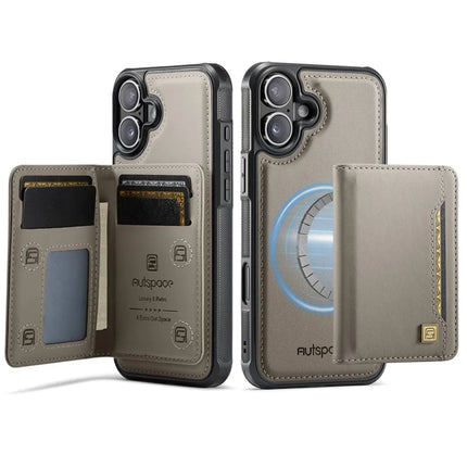 For iPhone 16 Plus Case AUTSPACE A13 Vintage Leather Back Cover with Magnetic Detachable Card Bag
