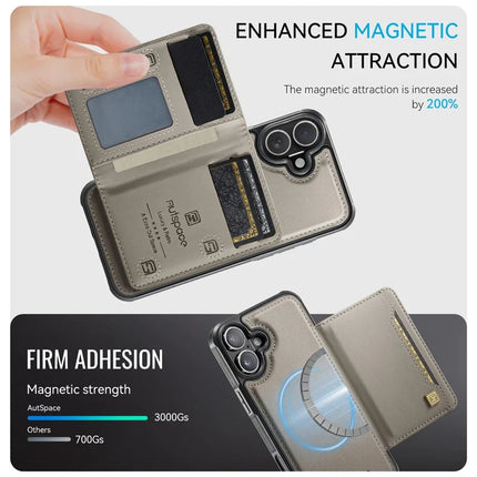 For iPhone 16 Plus Case AUTSPACE A13 Vintage Leather Back Cover with Magnetic Detachable Card Bag
