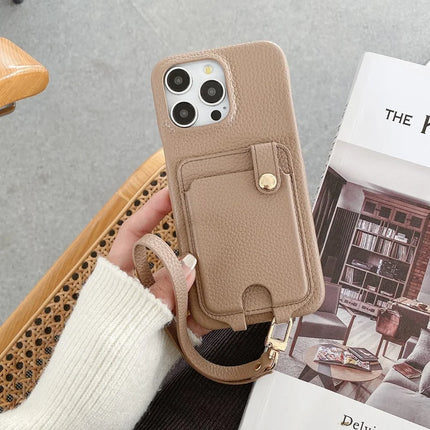 For iPhone 15 Pro Max Case Multi-Functional Card Slots Leather Back Cover with Wrist Strap