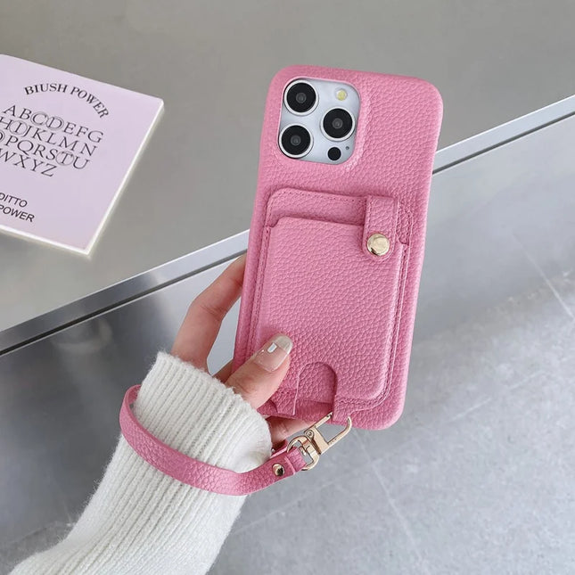 For iPhone 16 Pro Max Case Multi-Functional Card Slots Leather Back Cover with Wrist Strap - Pink