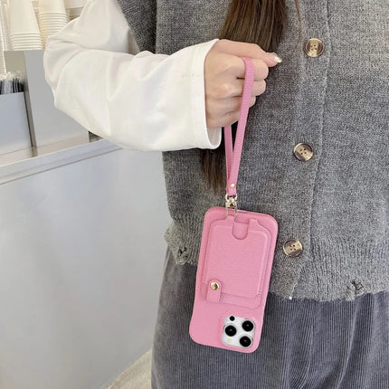 For iPhone 16 Pro Max Case Multi-Functional Card Slots Leather Back Cover with Wrist Strap