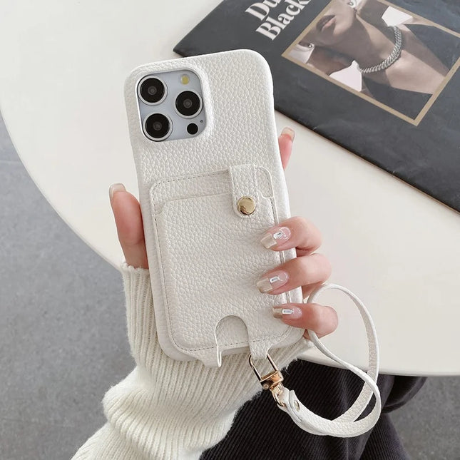 For iPhone 16 Pro Max Case Multi-Functional Card Slots Leather Back Cover with Wrist Strap - White