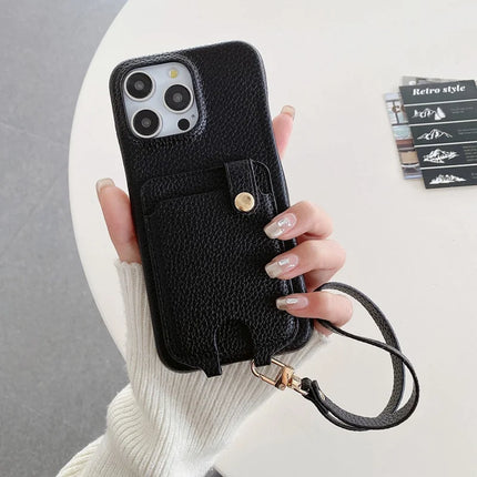 For iPhone 16 Pro Max Case Multi-Functional Card Slots Leather Back Cover with Wrist Strap - Black