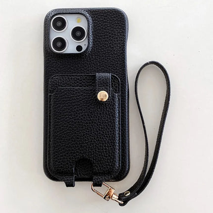 For iPhone 16 Pro Max Case Multi-Functional Card Slots Leather Back Cover with Wrist Strap