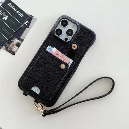 For iPhone 16 Pro Max Case Multi-Functional Card Slots Leather Back Cover with Wrist Strap