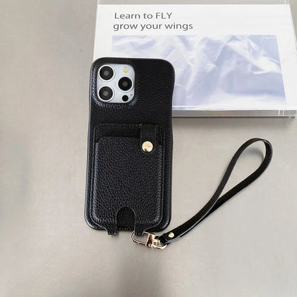 For iPhone 16 Pro Max Case Multi-Functional Card Slots Leather Back Cover with Wrist Strap