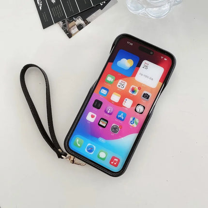 For iPhone 16 Pro Max Case Multi-Functional Card Slots Leather Back Cover with Wrist Strap
