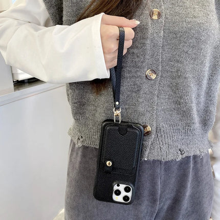 For iPhone 16 Pro Max Case Multi-Functional Card Slots Leather Back Cover with Wrist Strap