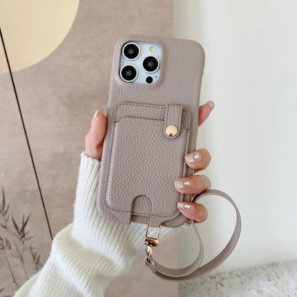 For iPhone 16 Pro Max Case Multi-Functional Card Slots Leather Back Cover with Wrist Strap - Grey