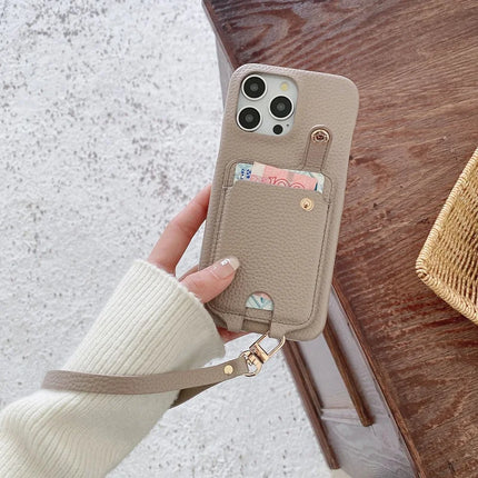 For iPhone 16 Pro Max Case Multi-Functional Card Slots Leather Back Cover with Wrist Strap
